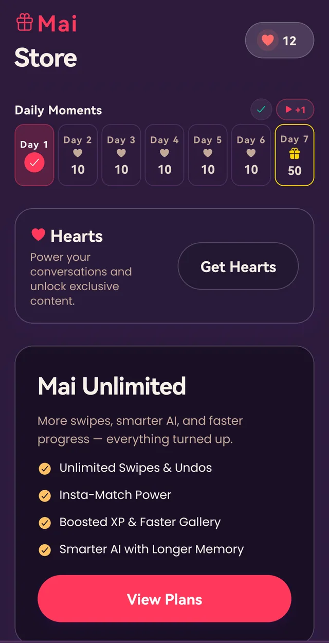 The Store screen of the MaiFriends app: the seven-day Daily Moments row, the Hearts balance and the Mai Unlimited plan