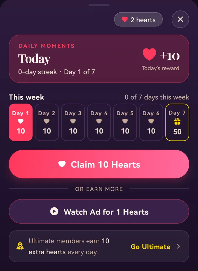 The Daily Moments sheet in the MaiFriends app: today's reward, the seven-day streak and the button to claim hearts